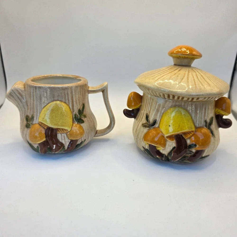 Vintage Arnel's Mushroom Ceramic Creamer and Sugar Bowl Set 1970s Retro Decor
